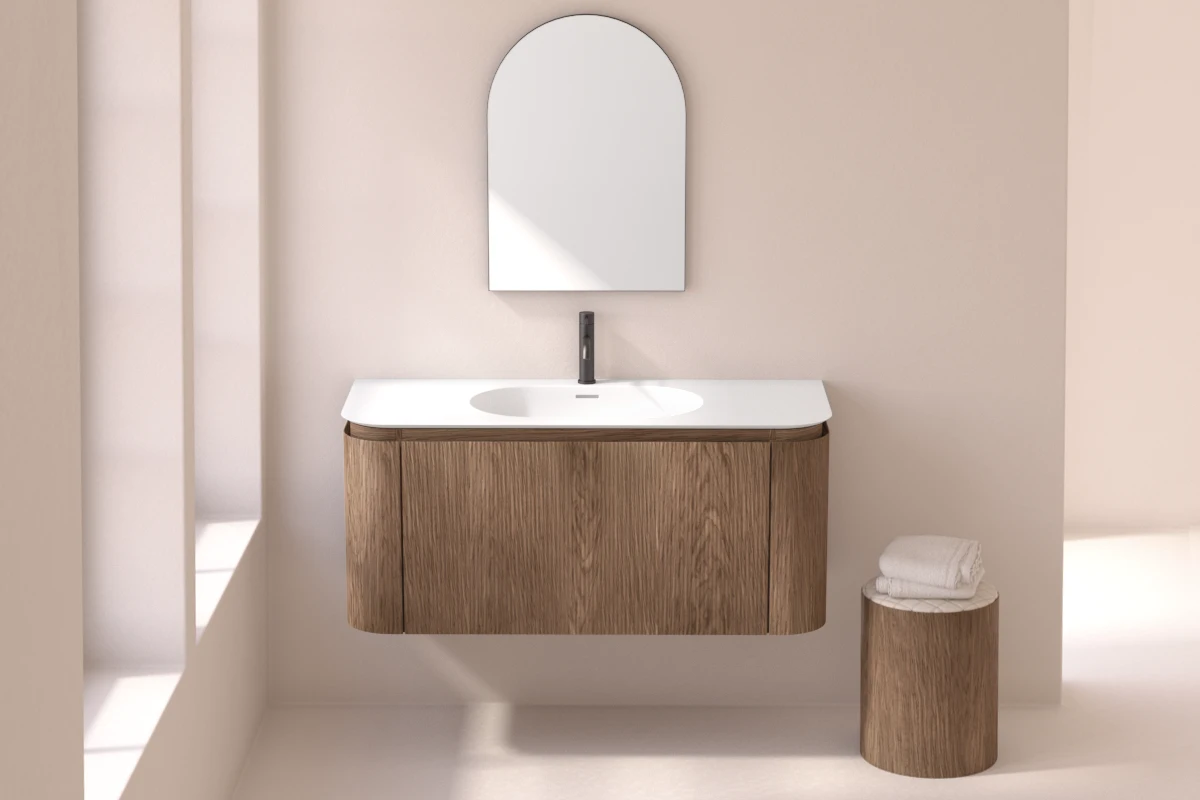 Meuble vasque suspendu cannelé 120cm, noyer avec plan vasque en résine minérale, Grace